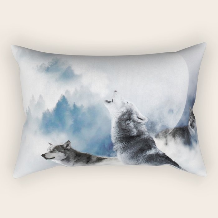 Winter Wolves, Wildlife Wolf Wild Dogs, Snow Full Moon Animals Photography Love Digital Art Rectangular Pillow