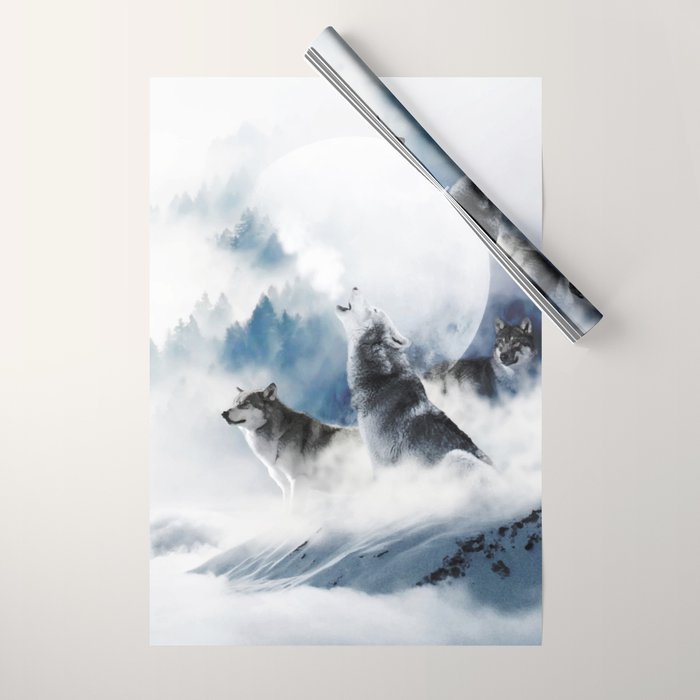 Winter Wolves, Wildlife Wolf Wild Dogs, Snow Full Moon Animals Photography Love Digital Art Wrapping Paper