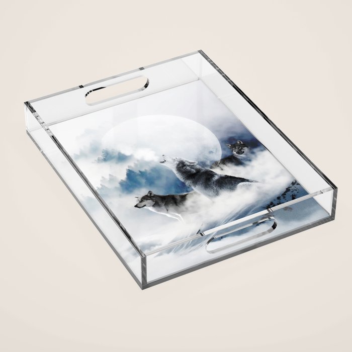 Winter Wolves, Wildlife Wolf Wild Dogs, Snow Full Moon Animals Photography Love Digital Art Acrylic Tray