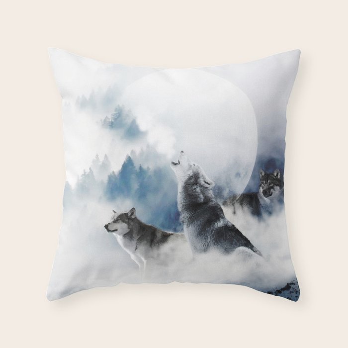Winter Wolves, Wildlife Wolf Wild Dogs, Snow Full Moon Animals Photography Love Digital Art Throw Pillow