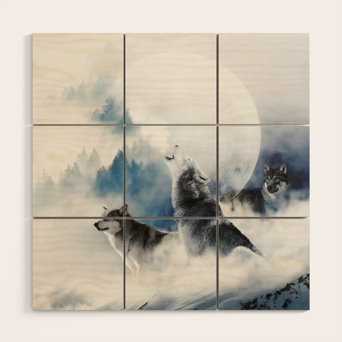 Winter Wolves, Wildlife Wolf Wild Dogs, Snow Full Moon Animals Photography Love Digital Art Wood Wall Art