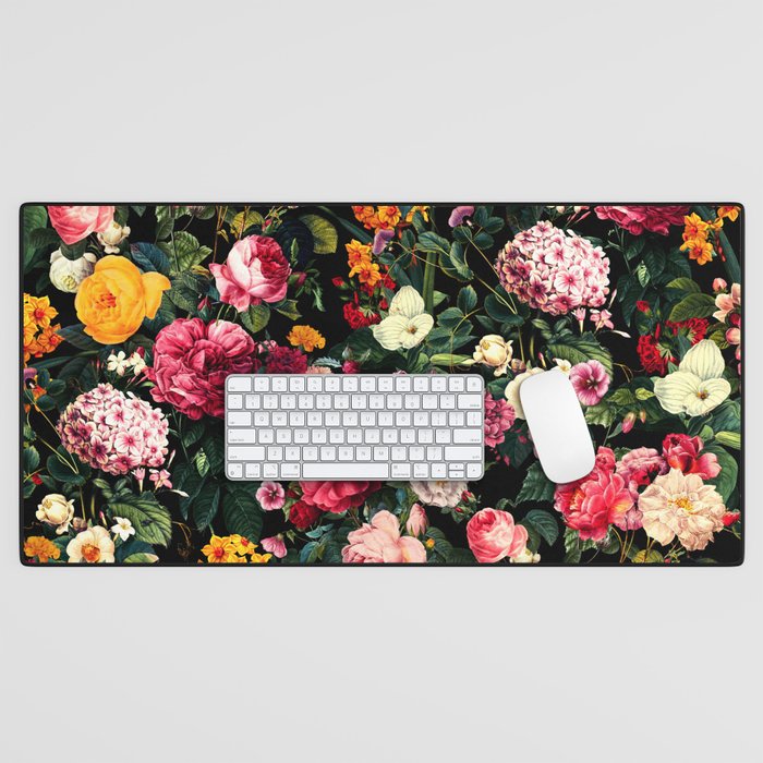 Floral D - Red, Pink, Yellow, Green, Black Baroque Floral Blossom Desk Mat
