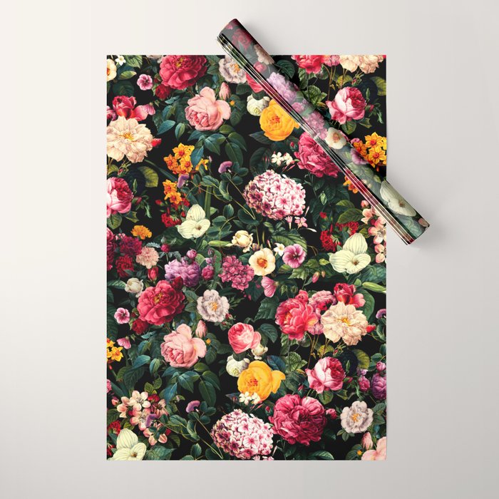 Floral D - Red, Pink, Yellow, Green, Black Baroque Floral Blossom Wrapping Paper