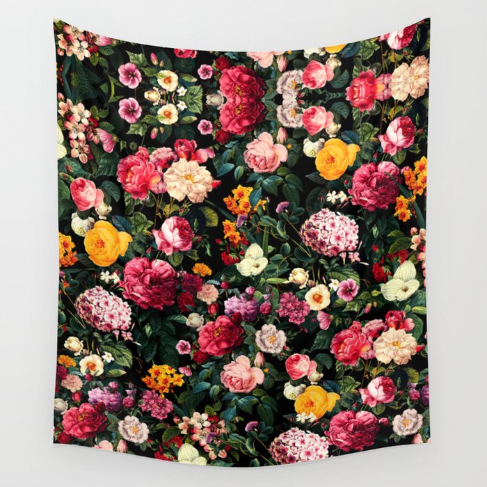 Floral D - Red, Pink, Yellow, Green, Black Baroque Floral Blossom Wall Tapestry