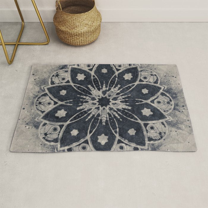 Mandala, Flower, Indigo Blue, Boho Art Rug
