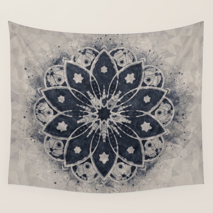 Mandala, Flower, Indigo Blue, Boho Art Wall Tapestry