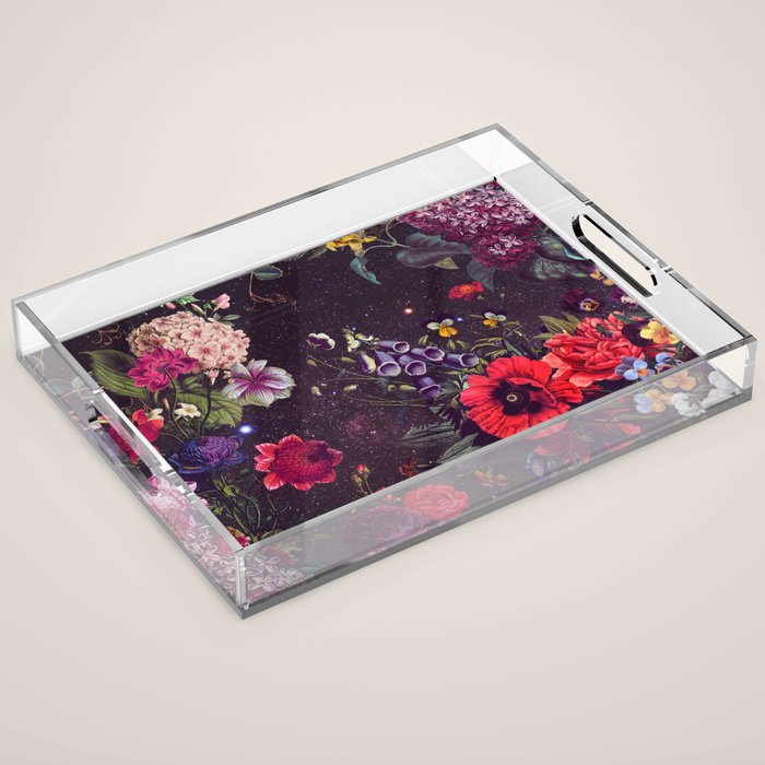 Astro Garden - Space, Stars, Purple, Red, Pink, Blossom, Vibrant, Flower Garden Acrylic Tray