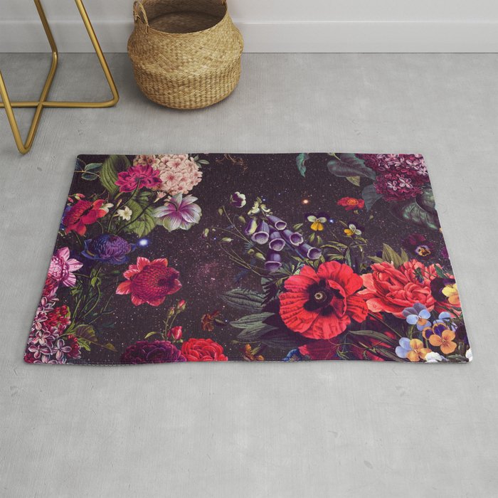 Astro Garden - Space, Stars, Purple, Red, Pink, Blossom, Vibrant, Flower Garden Rug