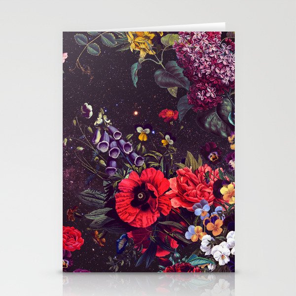 Astro Garden - Space, Stars, Purple, Red, Pink, Blossom, Vibrant, Flower Garden Stationery Card
