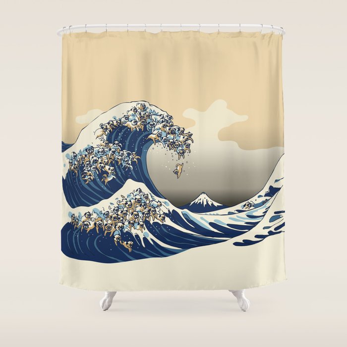 The Great Wave Of Pugs Vanilla Sky Shower Curtain