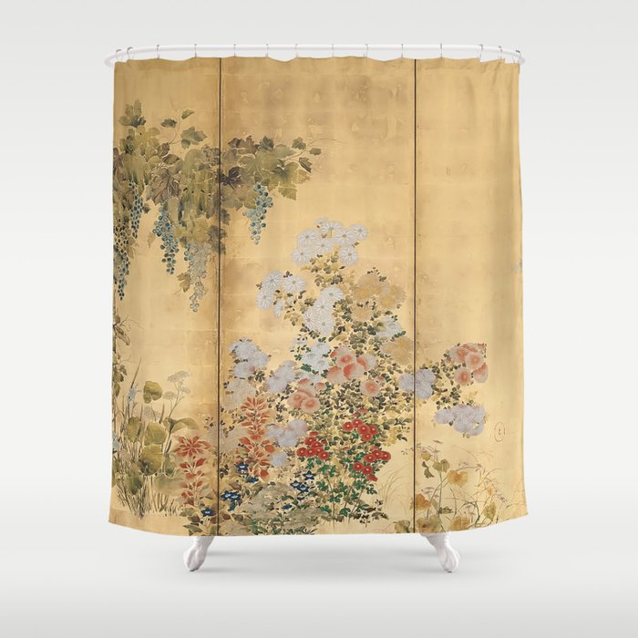 Japanese Edo Period Six-Panel Gold Leaf Screen - Spring And Autumn Flowers Shower Curtain
