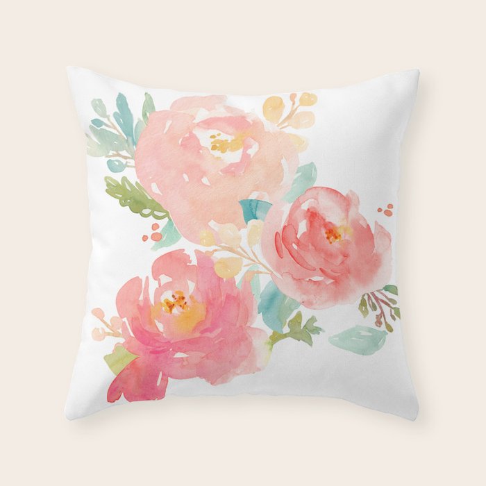 Watercolor Peonies Summer Bouquet Throw Pillow