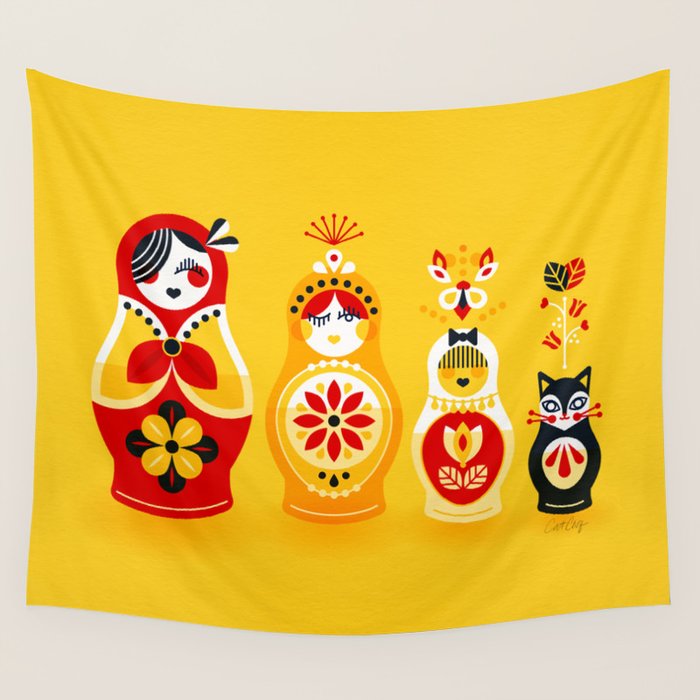 Russian Nesting Dolls - Yellow & Red Wall Tapestry