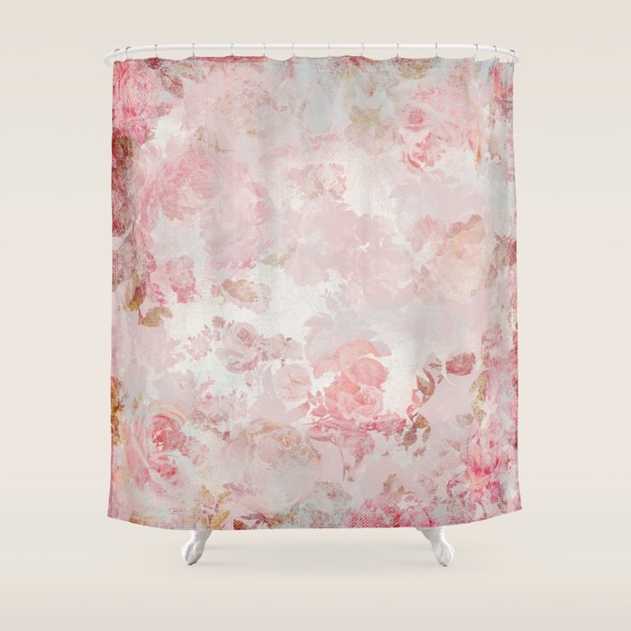 Vintage Floral Rose Roses Painterly Pattern In Pink Shower Curtain