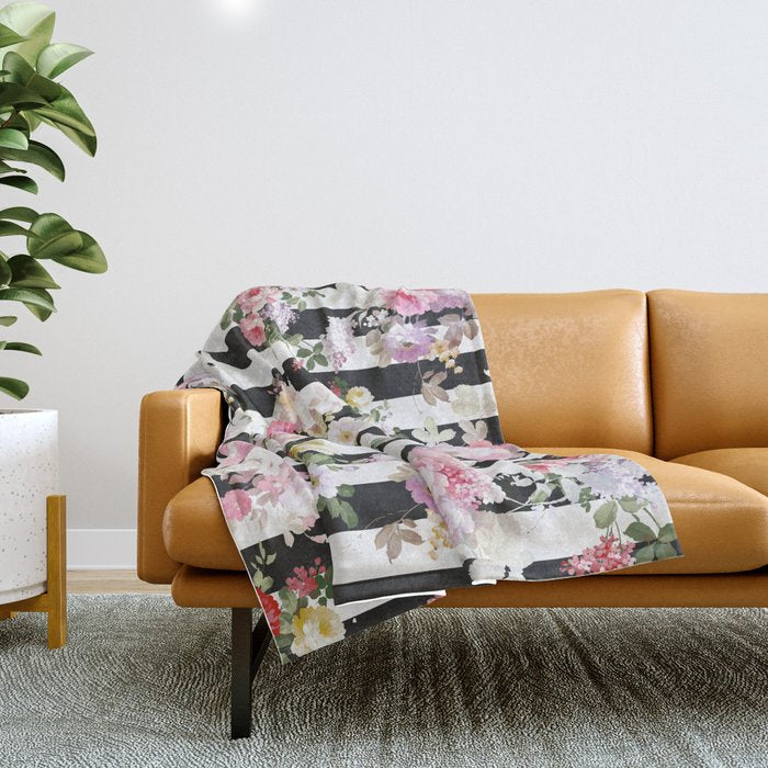 Bold Pink Watercolor Roses Floral Black White Stripes Throw Blanket