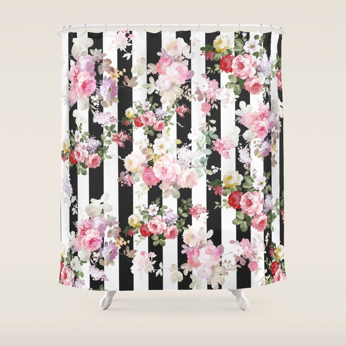 Bold Pink Watercolor Roses Floral Black White Stripes Shower Curtain