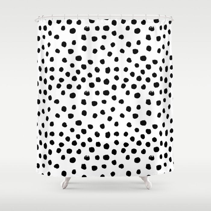 Preppy Black And White Dots Minimal Abstract Brushstrokes Painting Illustration Pattern Print Shower Curtain