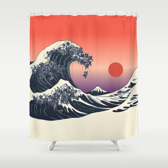 The Great Wave Of Black Pug Shower Curtain