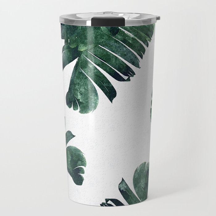 Banana Leaf Watercolor Painting, Tropical Nature Botanical Palm Illustration Bohemian Minimal Luxe Travel Mug