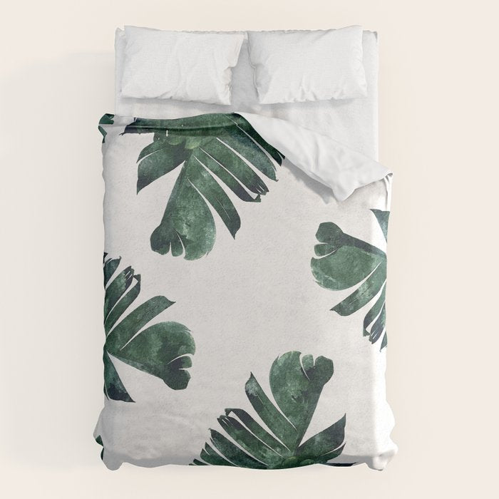 Banana Leaf Watercolor Painting, Tropical Nature Botanical Palm Illustration Bohemian Minimal Luxe Duvet Cover