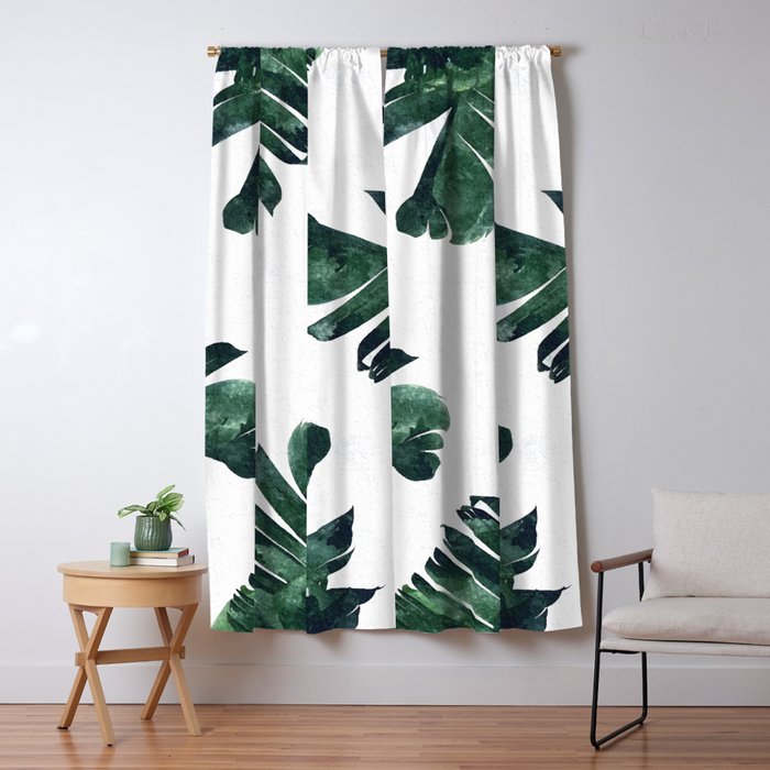 Banana Leaf Watercolor Painting, Tropical Nature Botanical Palm Illustration Bohemian Minimal Luxe Window Curtain