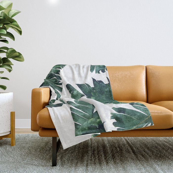 Banana Leaf Watercolor Painting, Tropical Nature Botanical Palm Illustration Bohemian Minimal Luxe Throw Blanket