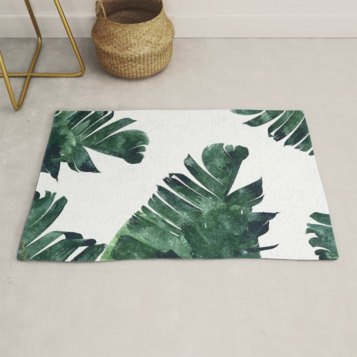Banana Leaf Watercolor Painting, Tropical Nature Botanical Palm Illustration Bohemian Minimal Luxe Rug