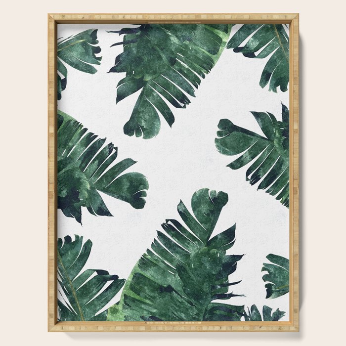 Banana Leaf Watercolor Painting, Tropical Nature Botanical Palm Illustration Bohemian Minimal Luxe Serving Tray
