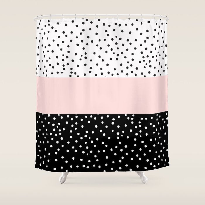 Pink White Black Watercolor Polka Dots Shower Curtain