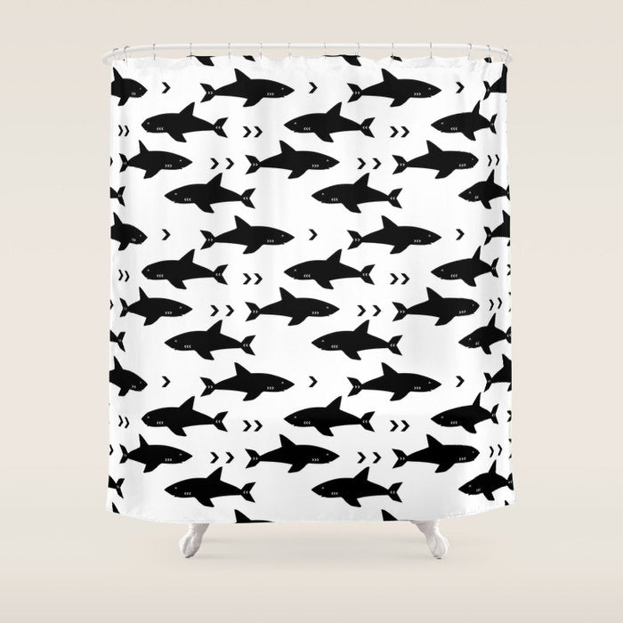 Sharks - Shark Week Trendy Black And White Minimal Kids Pattern Print Shower Curtain