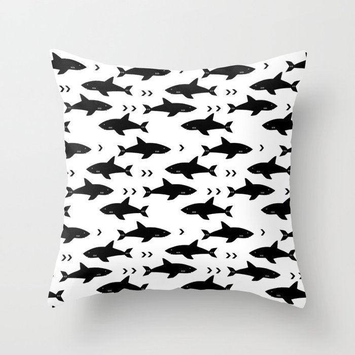 Sharks - Shark Week Trendy Black And White Minimal Kids Pattern Print Throw Pillow