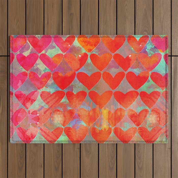 Love Overload, Maximalist Color Pop Red Graphic Hearts, Valentine'S Day Passion Colorful Outdoor Rug