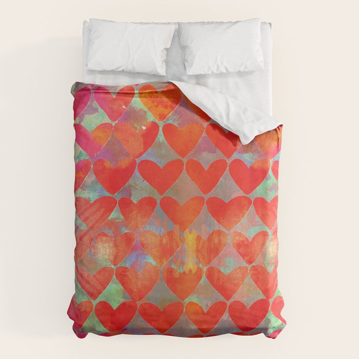 Love Overload, Maximalist Color Pop Red Graphic Hearts, Valentine'S Day Passion Colorful Duvet Cover
