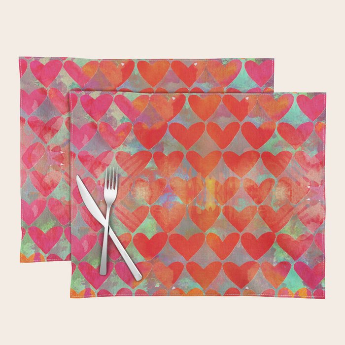 Love Overload, Maximalist Color Pop Red Graphic Hearts, Valentine'S Day Passion Colorful Placemat
