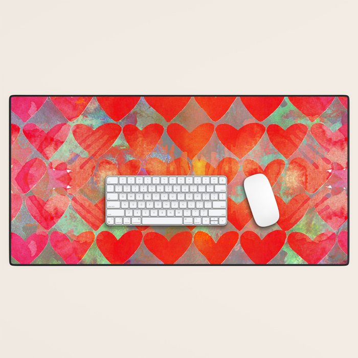 Love Overload, Maximalist Color Pop Red Graphic Hearts, Valentine'S Day Passion Colorful Desk Mat