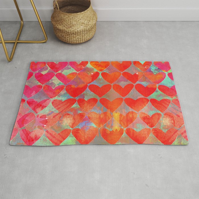 Love Overload, Maximalist Color Pop Red Graphic Hearts, Valentine'S Day Passion Colorful Rug