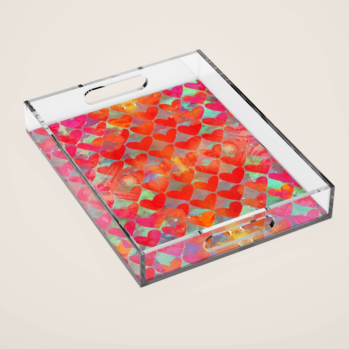 Love Overload, Maximalist Color Pop Red Graphic Hearts, Valentine'S Day Passion Colorful Acrylic Tray
