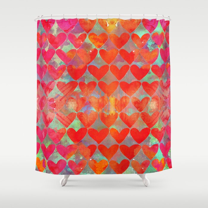 Love Overload, Maximalist Color Pop Red Graphic Hearts, Valentine'S Day Passion Colorful Shower Curtain