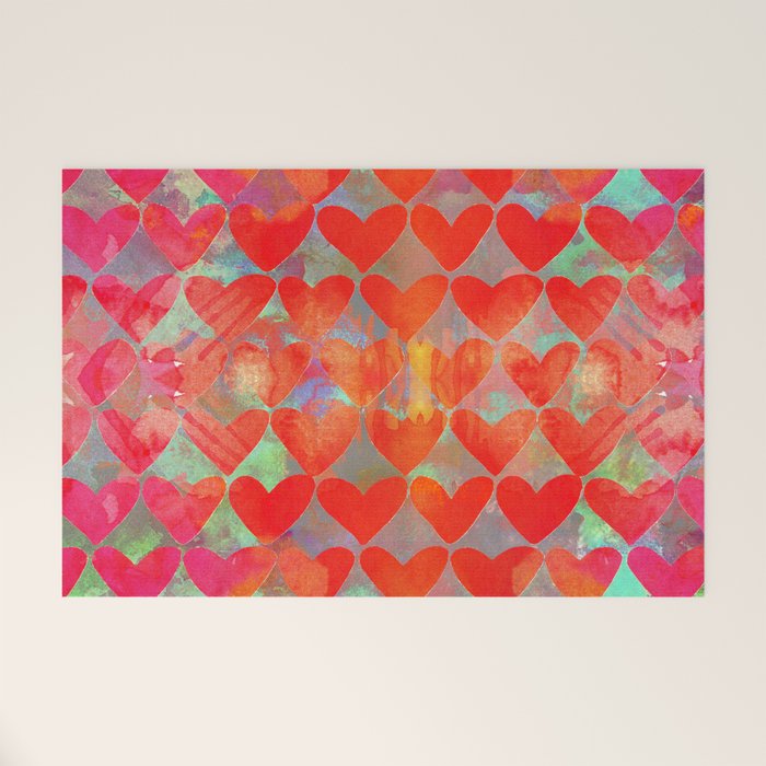 Love Overload, Maximalist Color Pop Red Graphic Hearts, Valentine'S Day Passion Colorful Welcome Mat