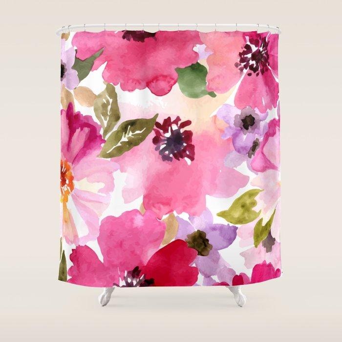 Watercolor Flowers Pink Fuchsia Shower Curtain