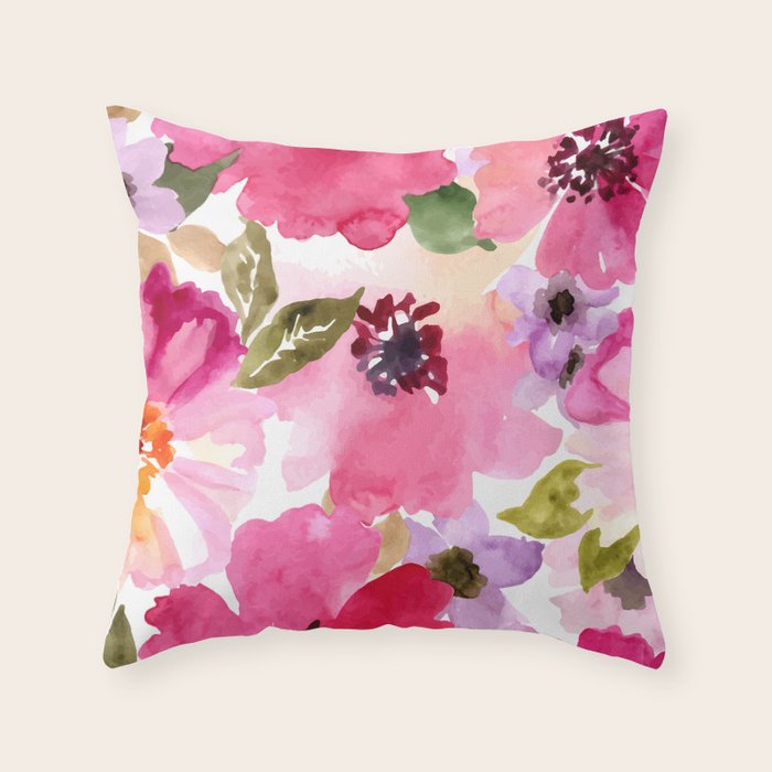 Watercolor Flowers Pink Fuchsia Throw Pillow
