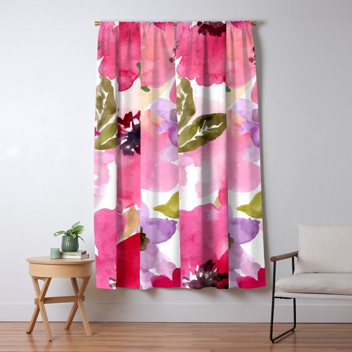 Watercolor Flowers Pink Fuchsia Window Curtain