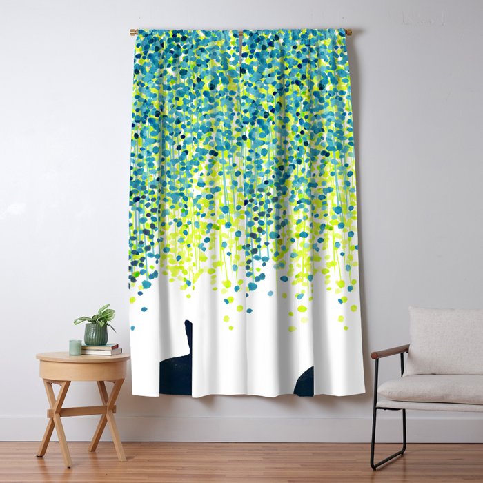Cat In The Garden Under Willow Tree Window Curtain