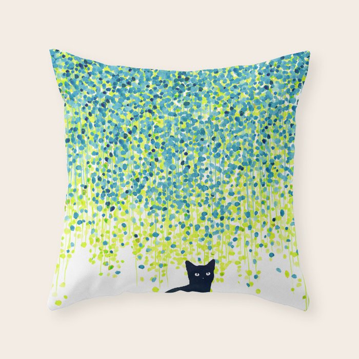 Cat In The Garden Under Willow Tree Throw Pillow