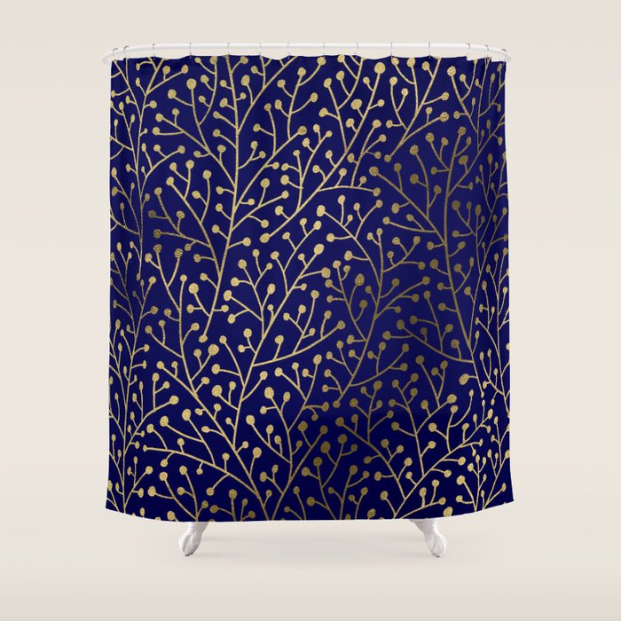 Gold Berry Branches On Navy Shower Curtain