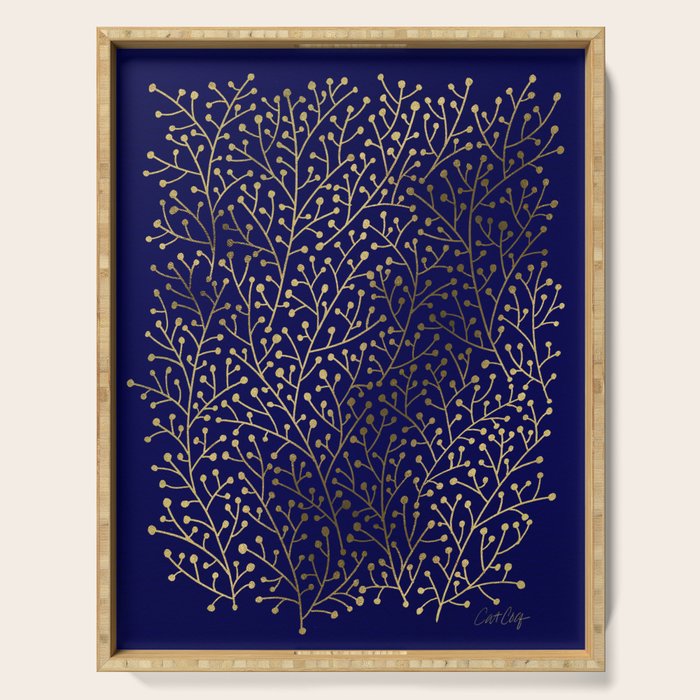 Gold Berry Branches On Navy Serving Tray
