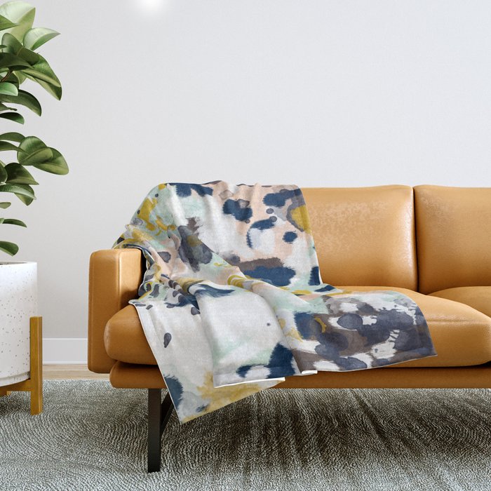 Sloane - Abstract Painting In Modern Fresh Colors Navy, Mint, Blush, Cream, White, And Gold Throw Blanket