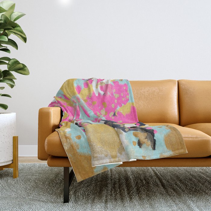 Laurel - Abstract Painting In A Free Style With Bold Colors Gold, Navy, Pink, Blush, White, Turquois Throw Blanket