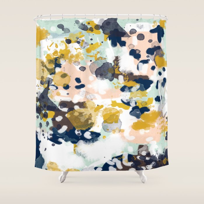 Sloane - Abstract Painting In Modern Fresh Colors Navy, Mint, Blush, Cream, White, And Gold Shower Curtain