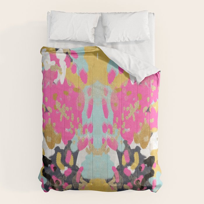 Laurel - Abstract Painting In A Free Style With Bold Colors Gold, Navy, Pink, Blush, White, Turquois Comforter